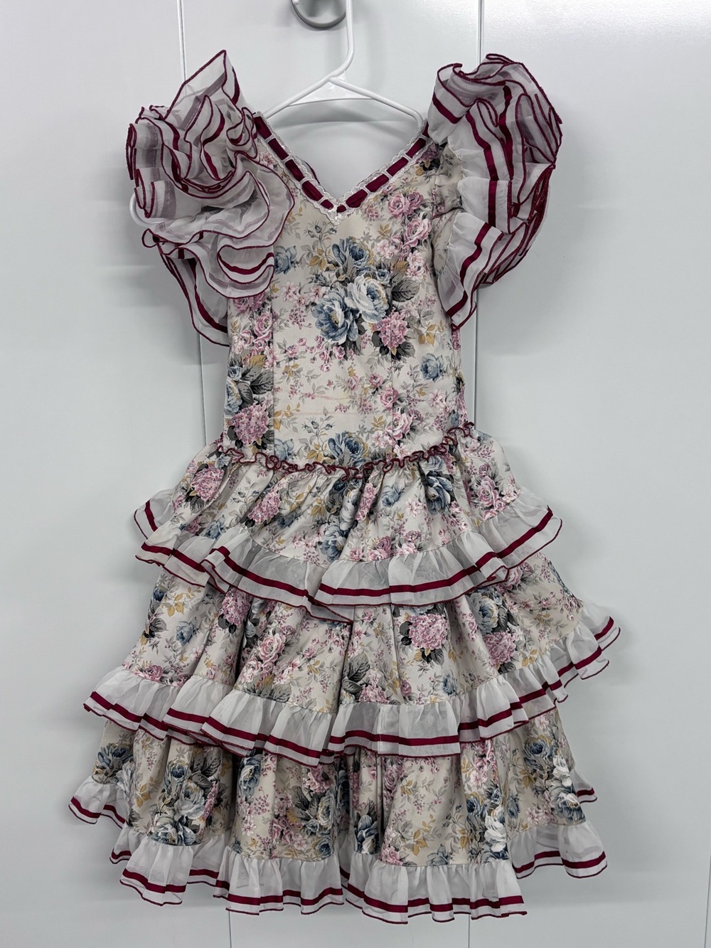 VTG Floral Ruffle Tiered Dress Burgundy Trim Size 2 Spanish Flamenco Cottagecore